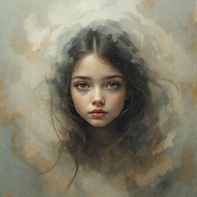 The primary subject of the image is a young girl with long hair. She is the main focus of the image, and her features are prominently displayed. The setting is a cloudy background, which adds a sense of depth and atmosphere to the scene. The visual style of the image is a painting, which gives it a more artistic and detailed appearance. The colors in the painting are predominantly shades of brown and white, creating a warm and earthy mood.